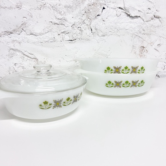 VINTAGE Anchor Hocking Fire King Round Casserole Green Meadow set of x3 - Picture 2 of 9